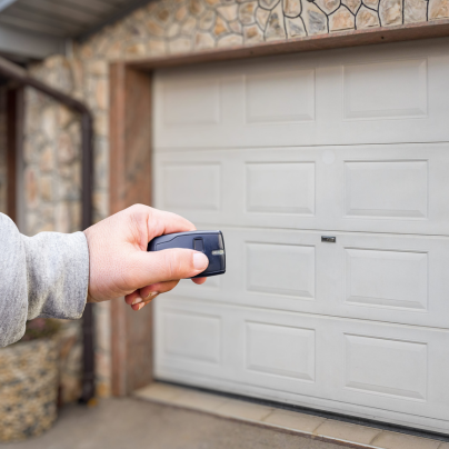 Chico security key fob pointing to a garage door