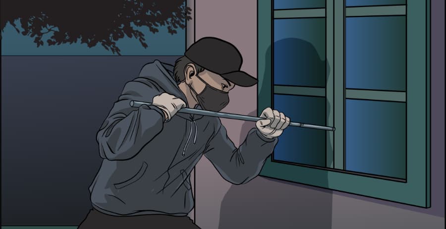 Illustration of burglar forcing entry through a window in Chico